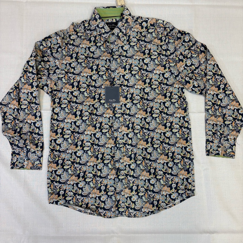 Indigo Palms Men's Casual Floral Shirt Navy and Beige Small #1004